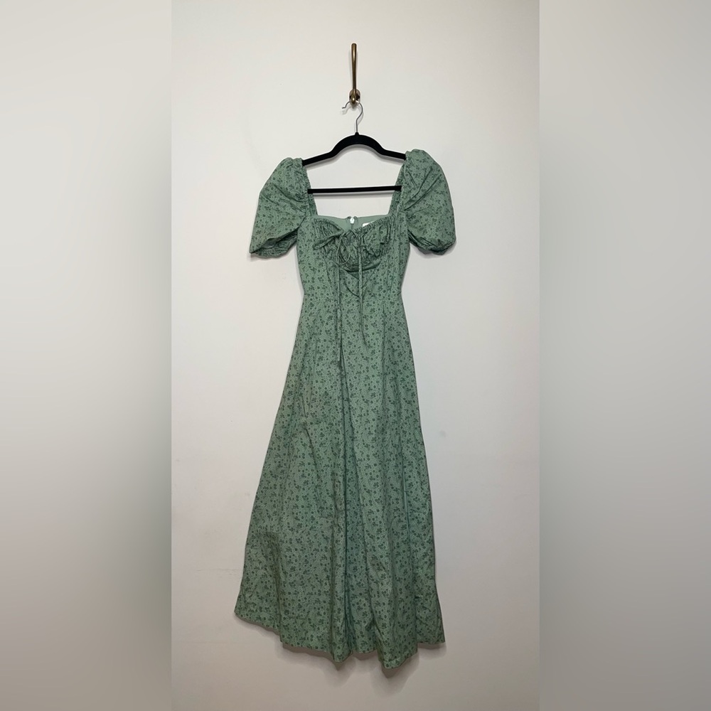 House of CB Tallulah Green Tonal Floral Puff Sleeve Midi Dress - Picture 5 of 8